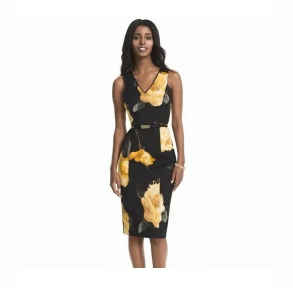 White House Black Market Black and Yellow Floral Midi Dress with belt V N NWOT